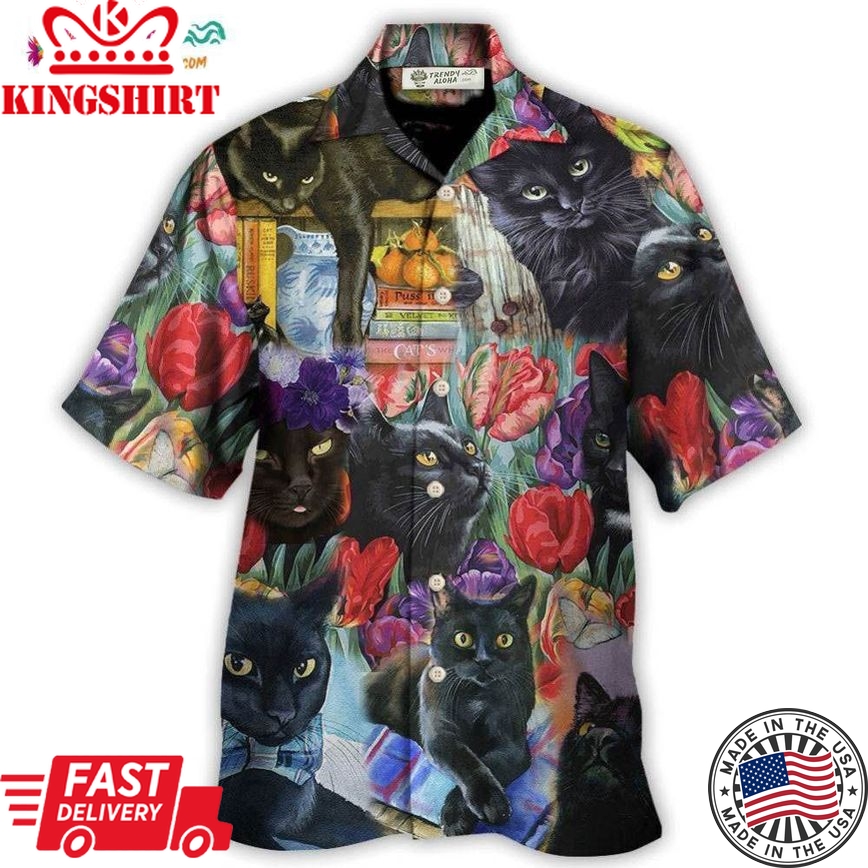 Black Cat Art With Flowers Hawaiian Shirt