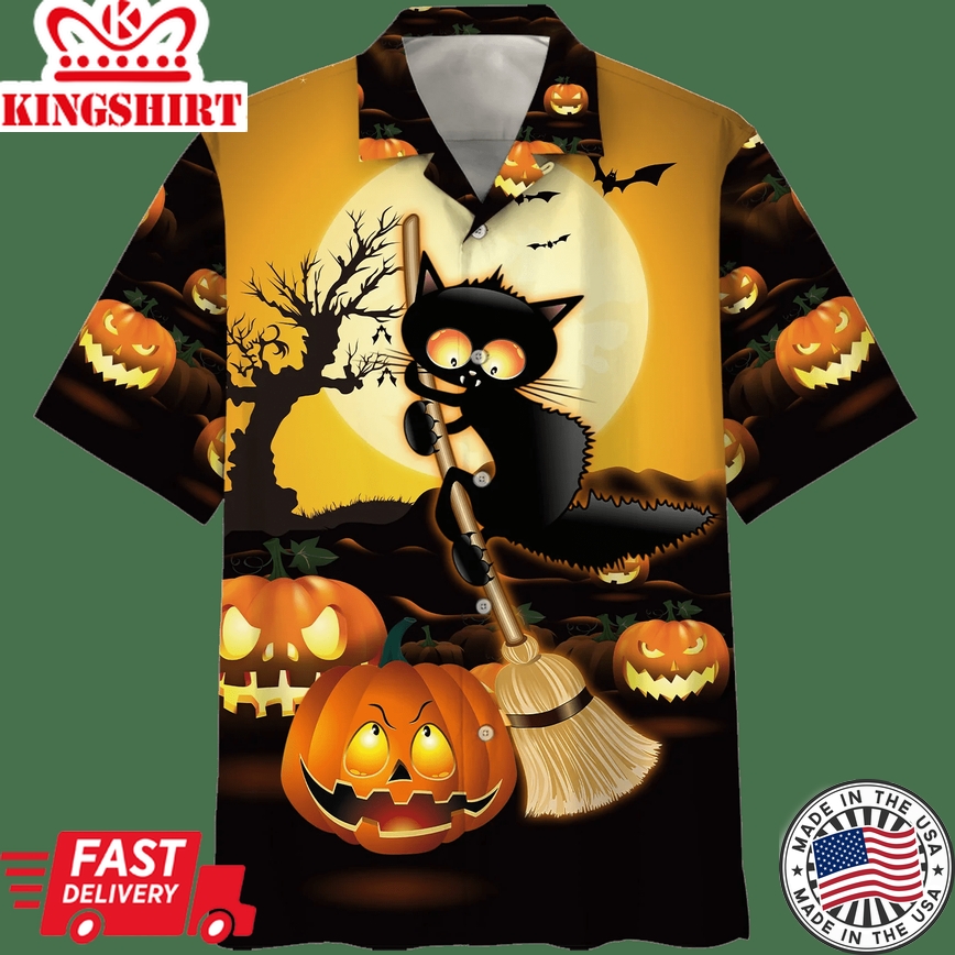 Black Cat Broom Sweep Halloween Trendy Hawaiian Shirt, Unisex Print Aloha Short Sleeve Casual Shirt