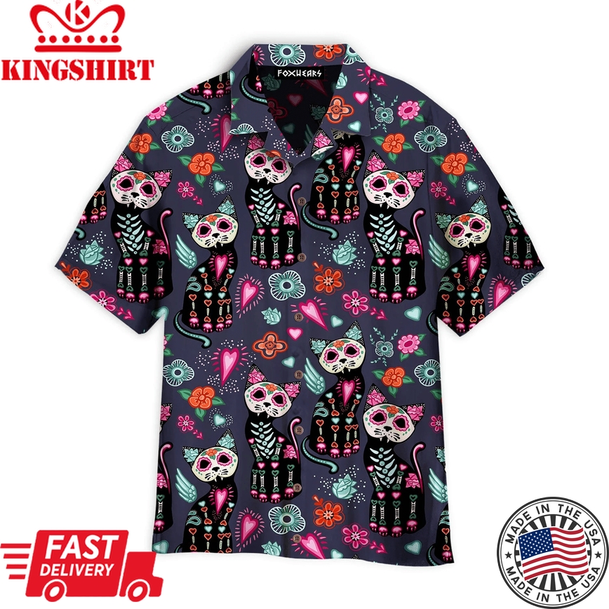 Black Cat Day Of The Dead Aloha Trendy Hawaiian Shirts