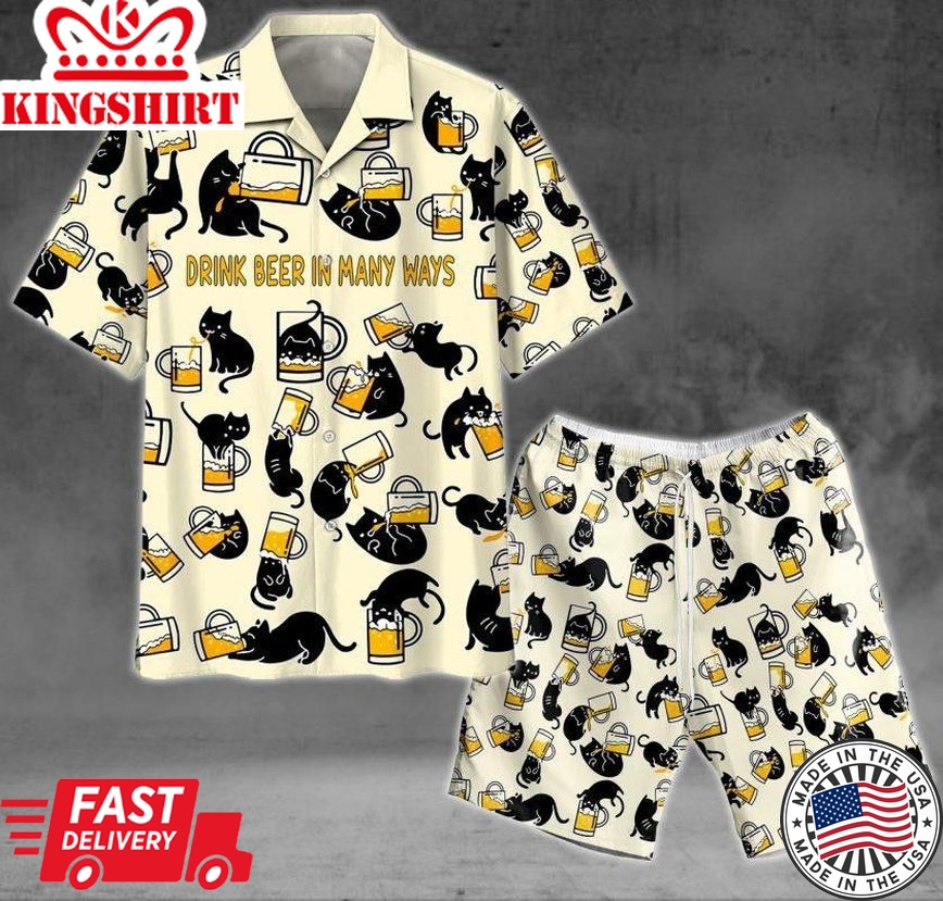 Black Cat Drink Beer In Many Ways Trendy Hawaiian Shirt Set Unisex