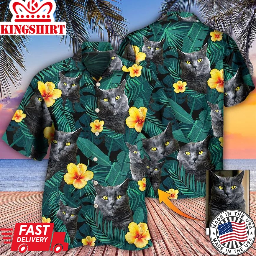 Black Cat Green Tropical Custom Photo Hawaiian Shirt