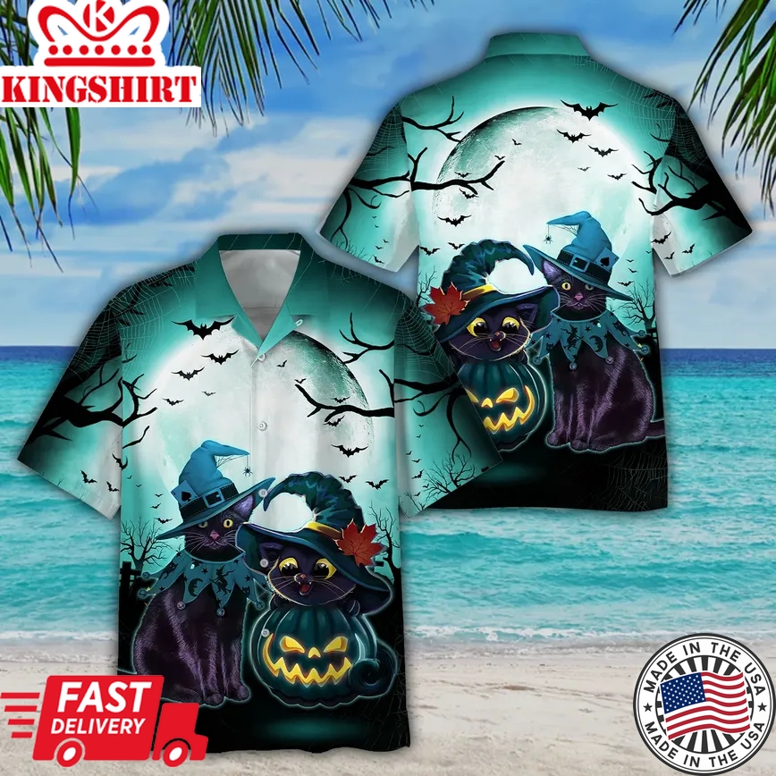 Black Cat Halloween Trendy Hawaiian Shirt, Unisex Print Aloha Short Sleeve Casual Shirt