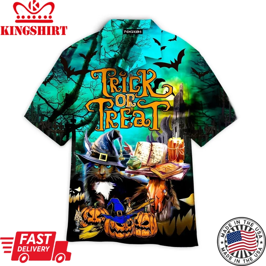 Black Cat Halloween Trick Or Treat Trendy Hawaiian Shirt