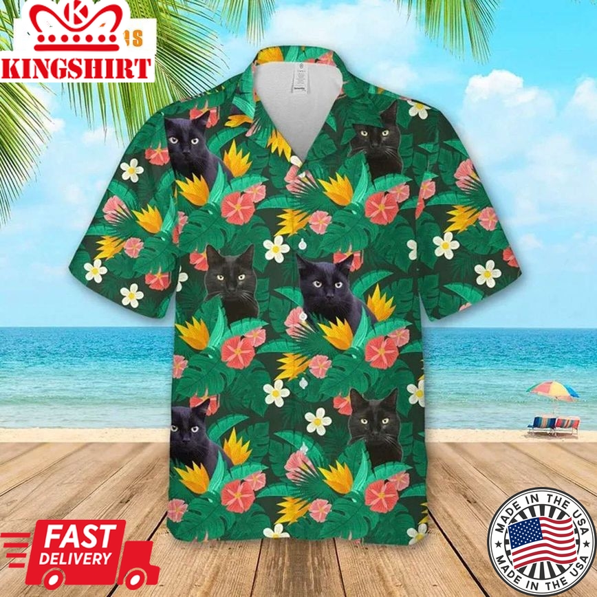 Black Cat In Floral Tropical, Cat Trendy Hawaiian Shirt Perfect Gifts For Your Loved Ones