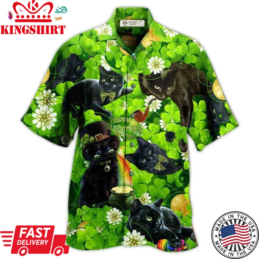 Black Cat Love Green Leaf Hawaiian Shirt