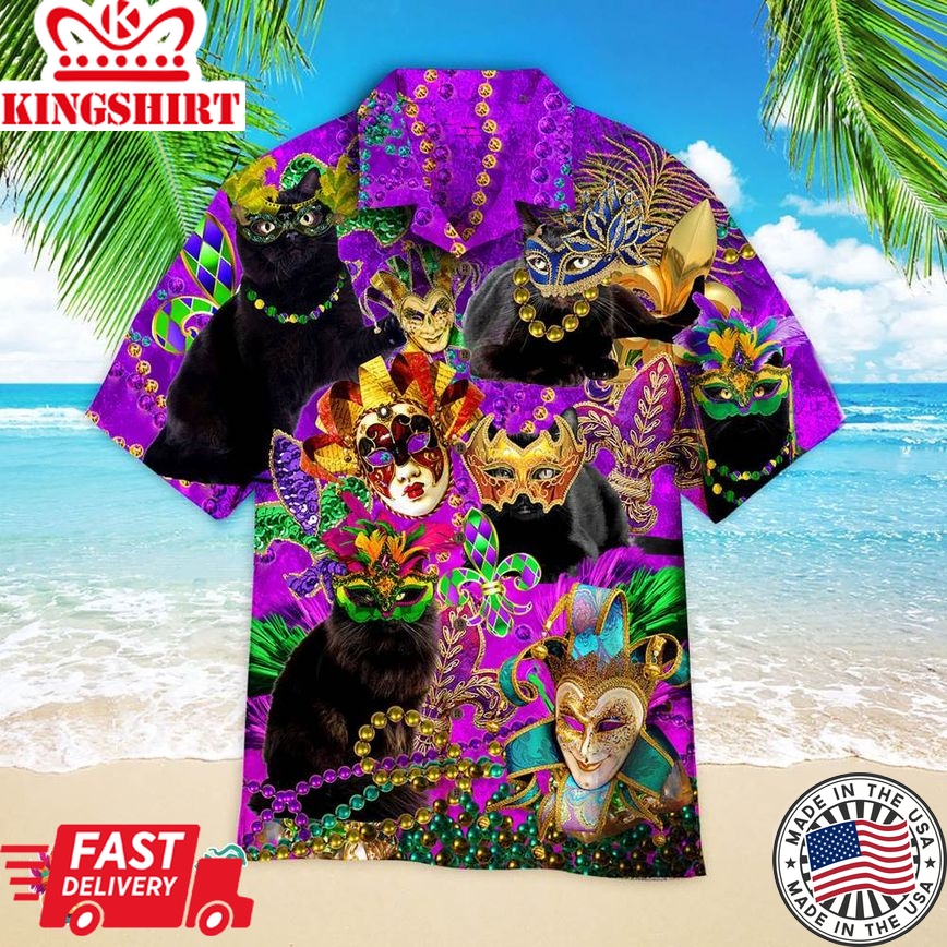 Black Cat Mardi Gras Aloha Hawaiian Shirts