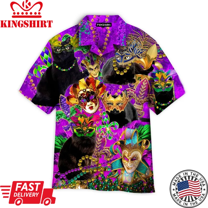 Black Cat Mardi Gras Trendy Hawaiian Shirt