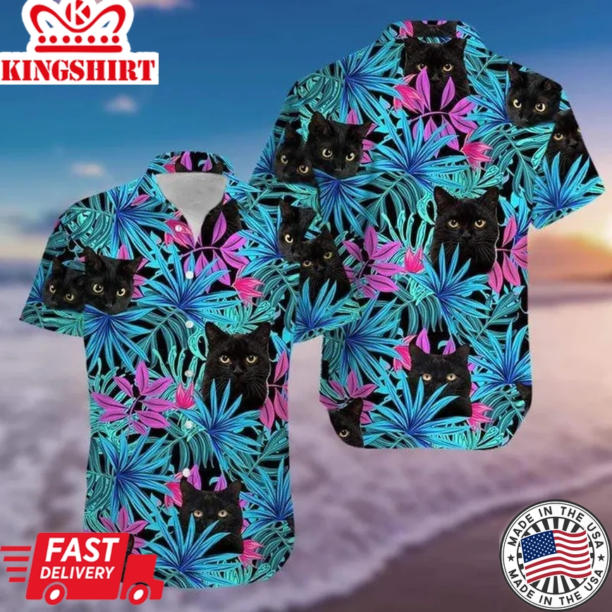 Black Cat Tropical Colorful Leafs Trendy Hawaiian Shirt, Crazy Funny Trendy Hawaiian Shirt, Vintage Trendy Hawaiian Shirt For Summer Gifts