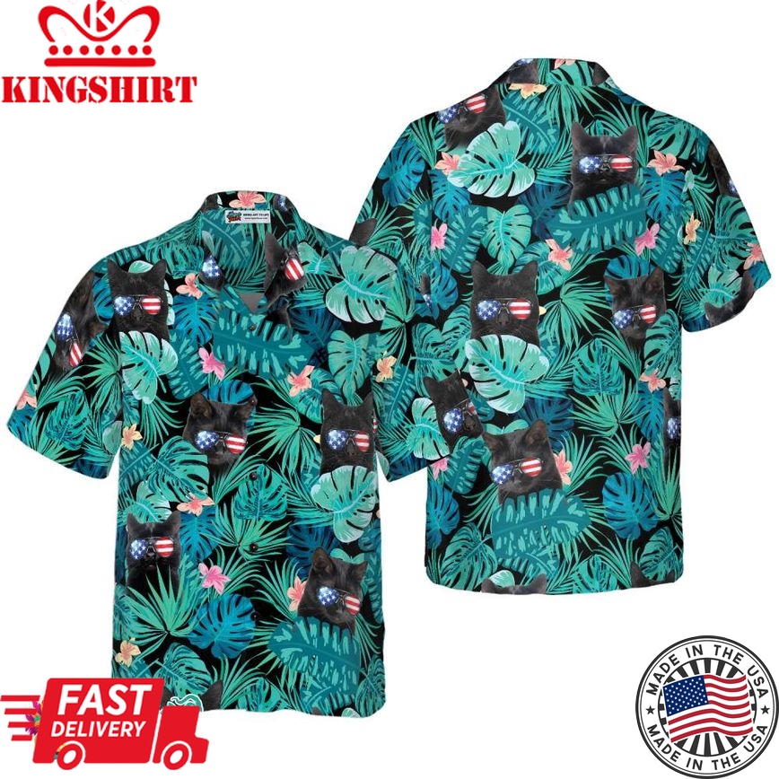 Black Cat Tropical Fourth Of July Hawaiian Shirt