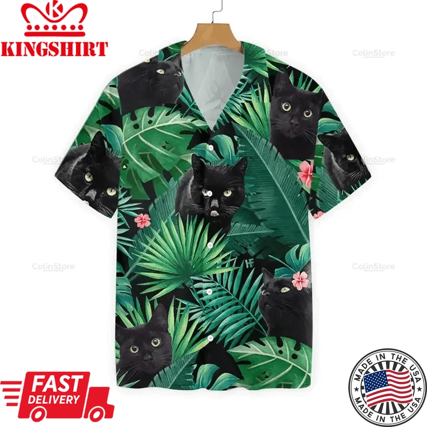 Black Cat Tropical Green Leafs Trendy Hawaiian Shirt, Crazy Funny Trendy Hawaiian Shirt, Vintage Trendy Hawaiian Shirt For Summer Gifts