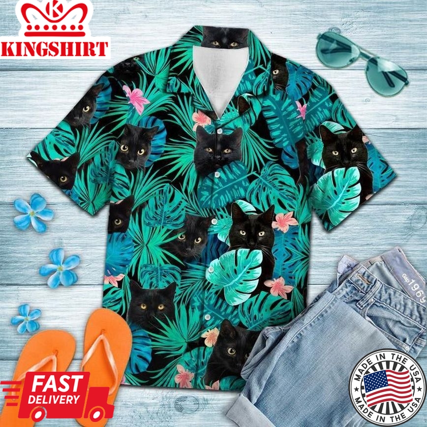 Black Cat Tropical Trendy Hawaiian Shirt