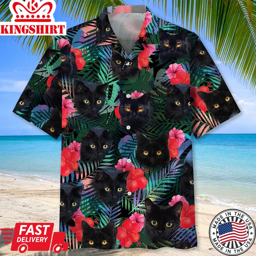 Black Cat Tropical Trendy Hawaiian Shirt, Unisex Summer Beach Casual Short Sleeve Summer Vacation Beach Shirts