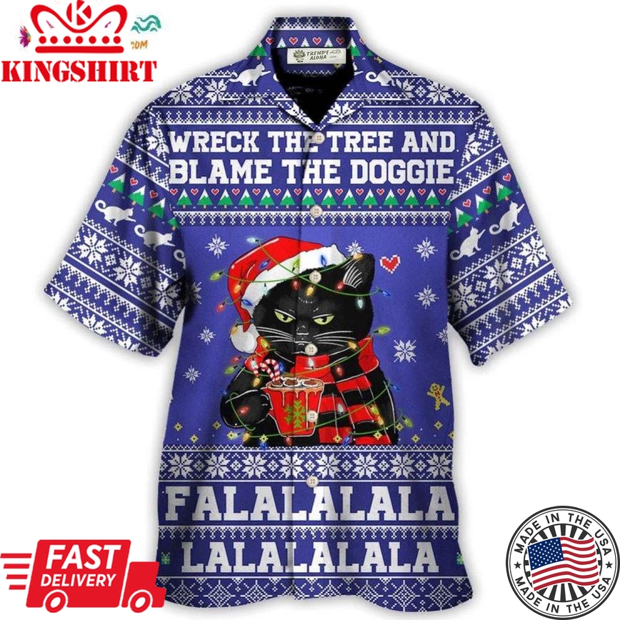 Black Cat Wreck The Tree Christmas Hawaiian Shirt