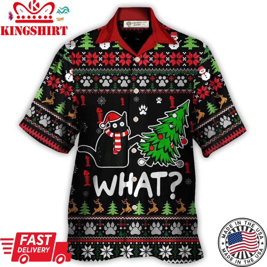 Black Cat Wreck The Tree Funny Ugly Style Christmas Hawaiian Shirt