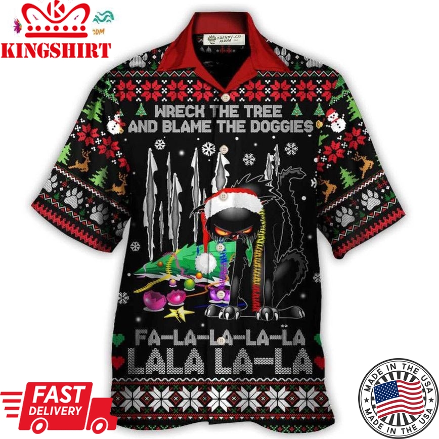 Black Cat Wreck The Tree Light Funny Ugly Style Christmas Hawaiian Shirt