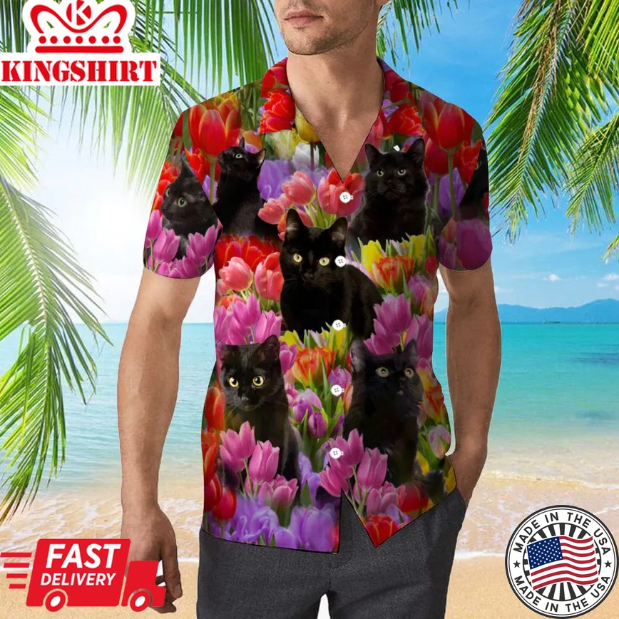 Black Cats Are Chilling In Tulip Garden Trendy Hawaiian Shirt