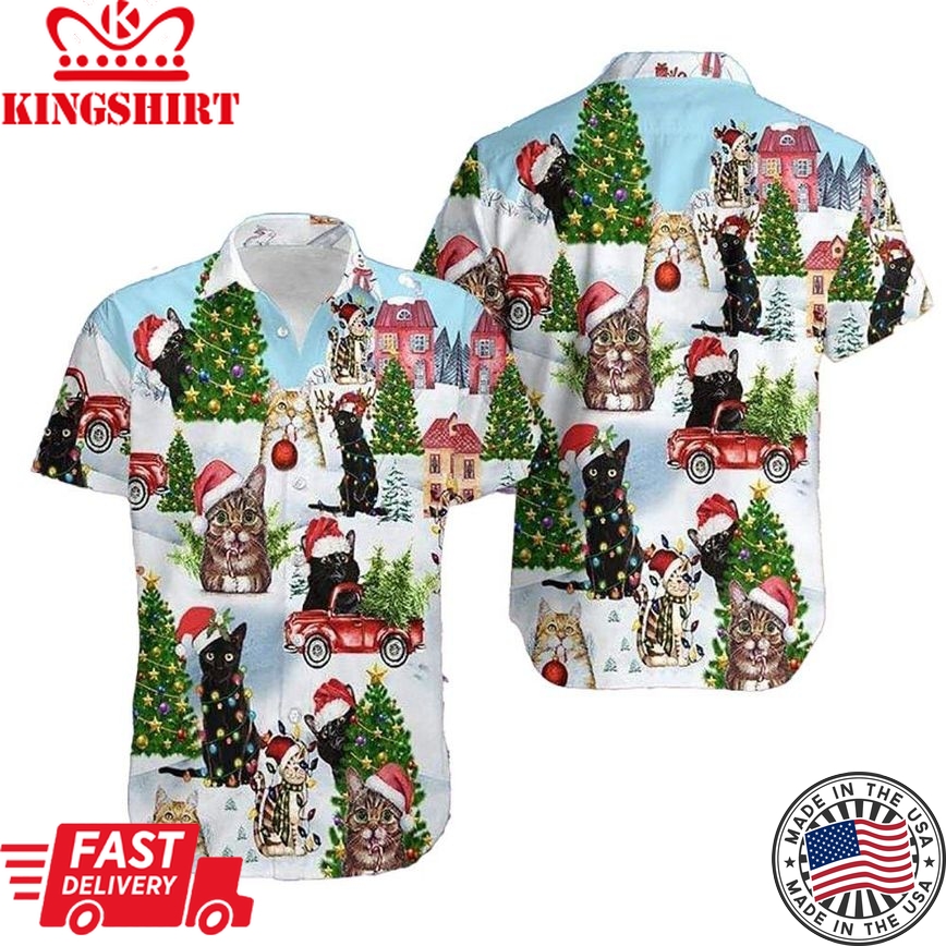 Black Cats Christmas Tree Red Truck Merry Trendy Hawaiian Shirt