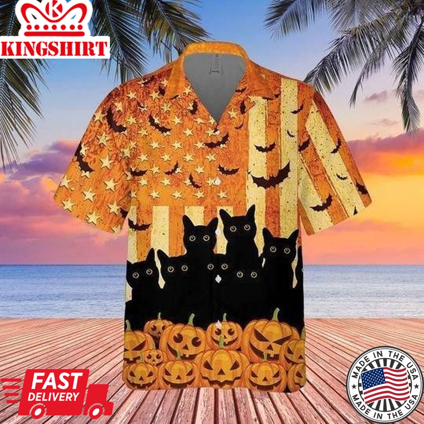 Black Cats Halloween American Trendy Hawaiian Shirt, Unisex Print Aloha Short Sleeve Casual Shirt