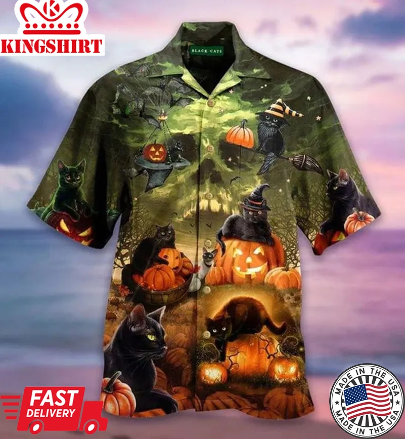 Black Cats Halloween Trendy Hawaiian Shirt, Unisex Print Aloha Short Sleeve Casual Shirt