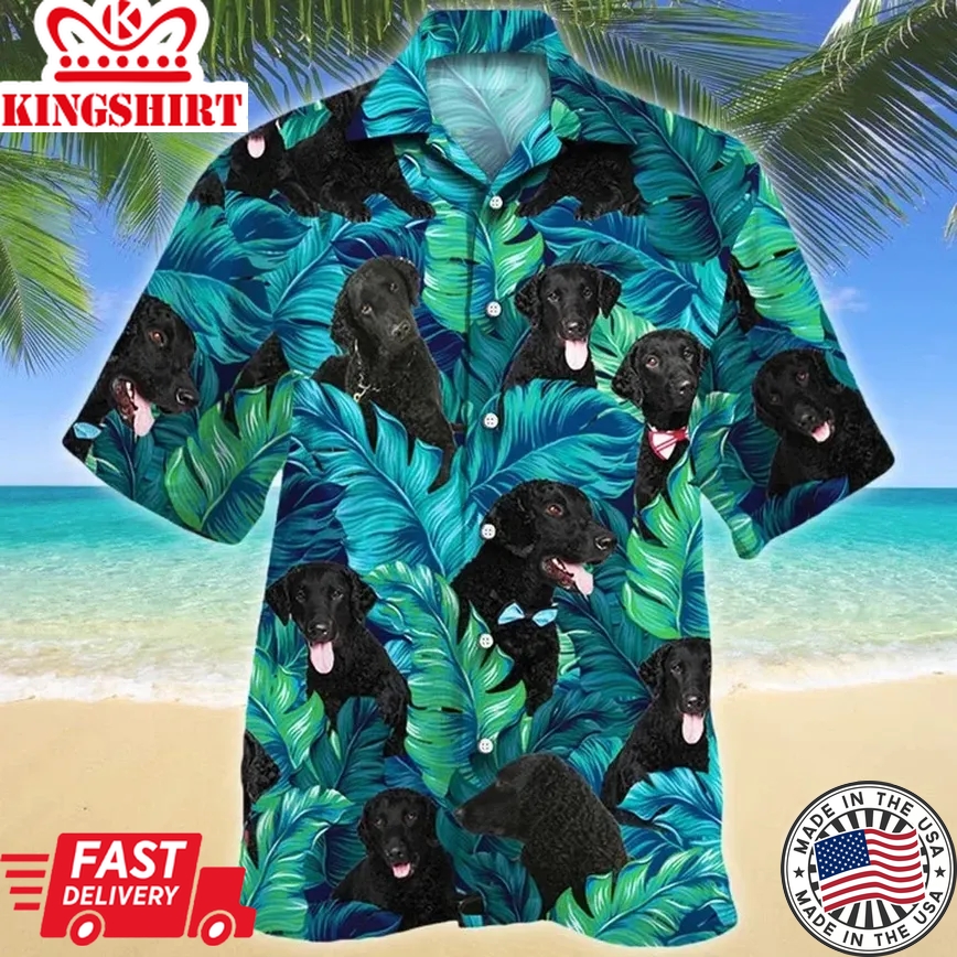 Black Curly Coated Retriever Dog Lovers Summer Beach Palm Tree Pattern Trendy Hawaiian Shirt