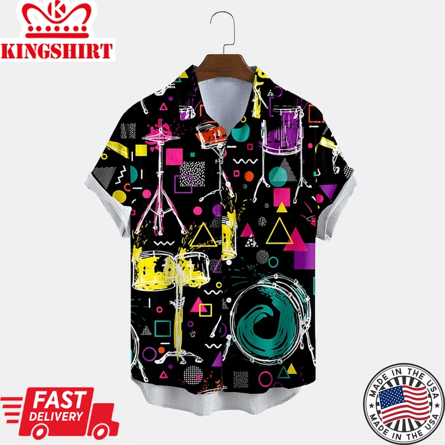 Black Fashion Music Drum Print Shirt, Trendy Hawaiian Shirt For Men