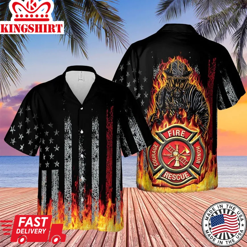 Black Flag American Firefighter Bagde Fired Hawaiian Tshirt