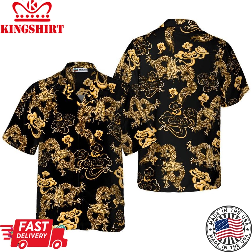 Black Gold Oriental Dragon Hawaiian Shirt