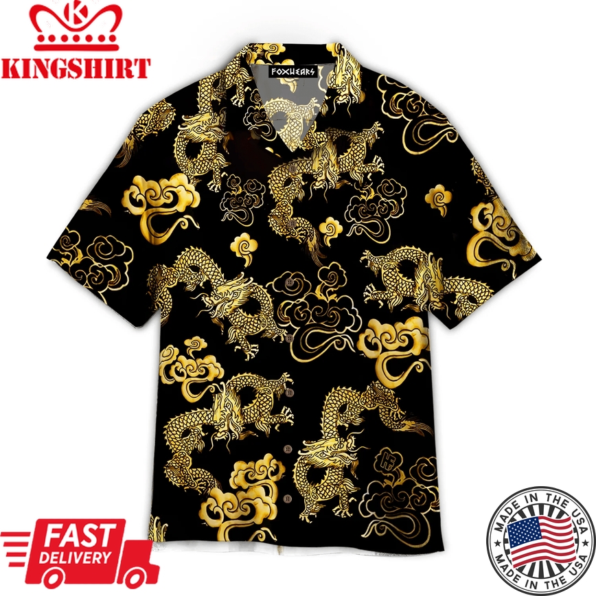 Black Gold Oriental Dragon Trendy Hawaiian Shirt