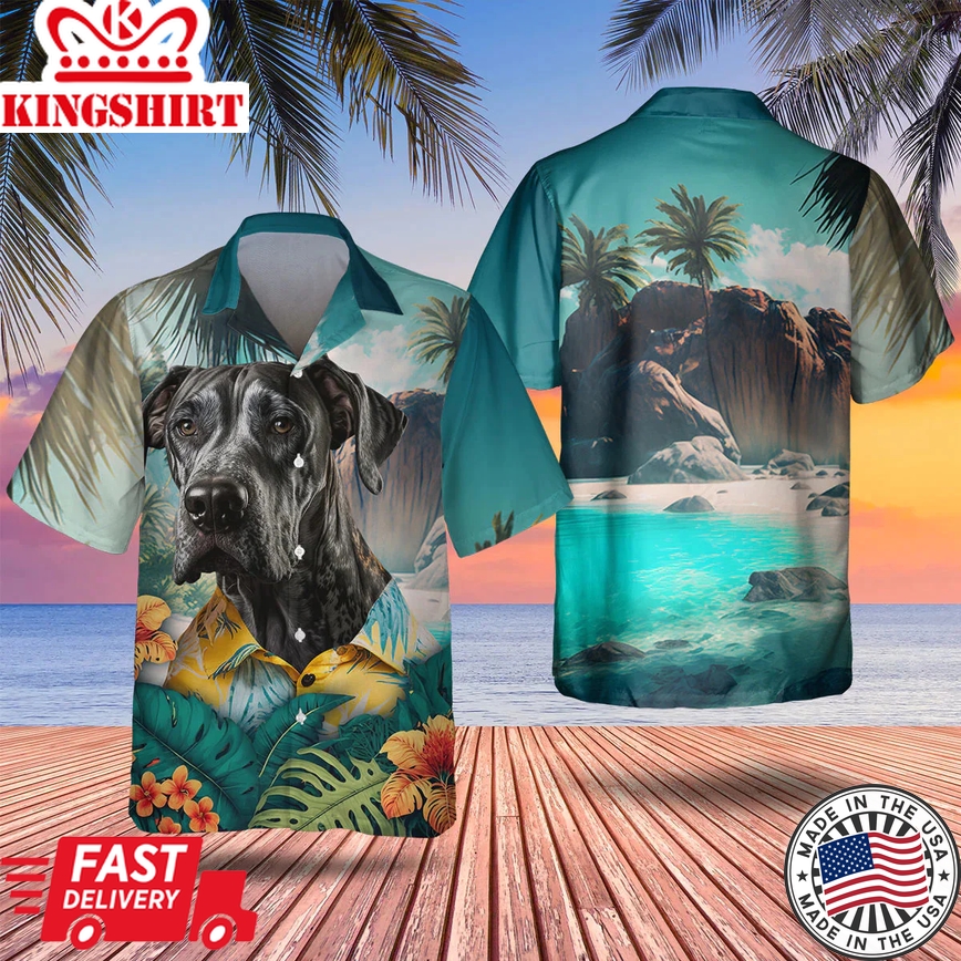 Black Great Dane 3D Tropical Trendy Hawaiian Shirt, Dog Trendy Hawaiian Shirt, Summer Gifts For Dog Lover