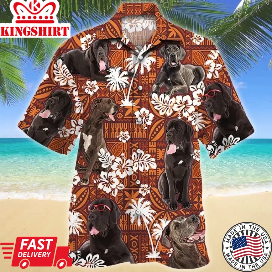 Black Great Dane Dog Lovers On Red Tribal Pattern Trendy Hawaiian Shirt