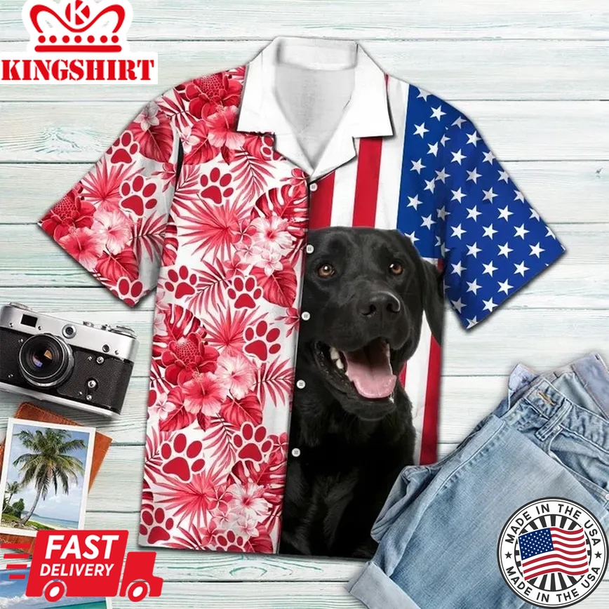 Black Labrador Retriever Usa And Watercolor Tropical Red Plants Trendy Hawaiian Shirt