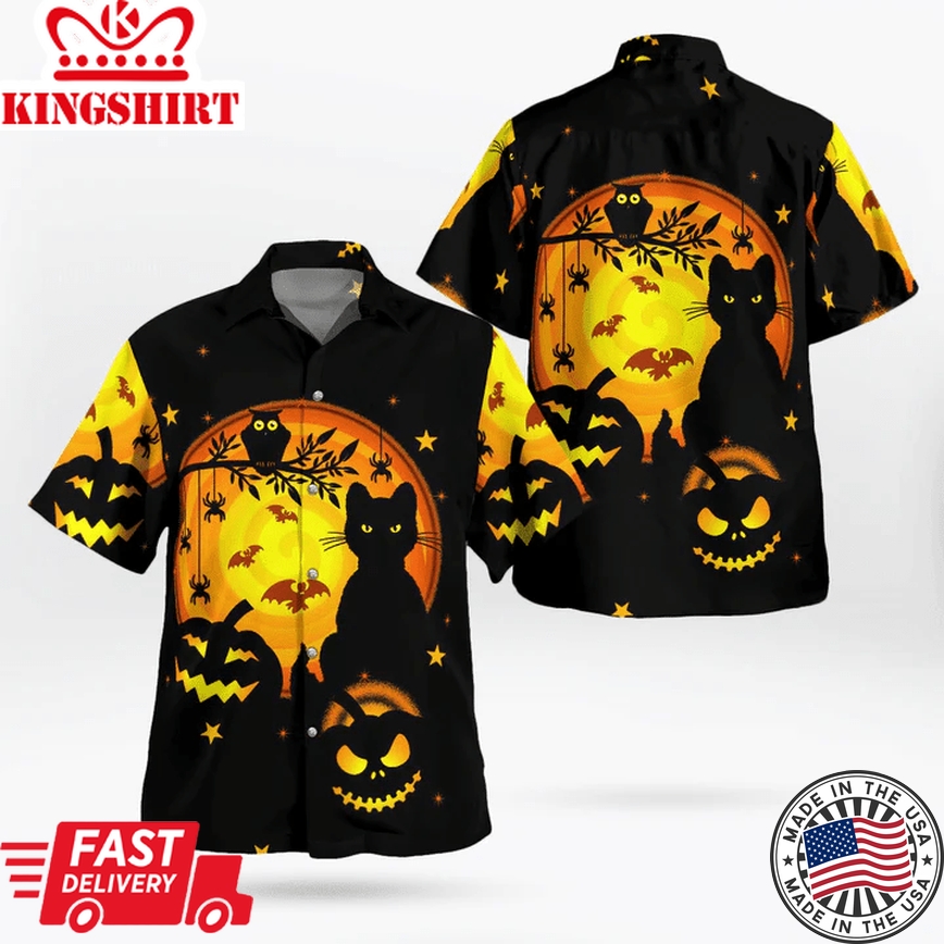 Black Night Halloween Spooky Night Pumpkin Cat Owl Bat Trendy Hawaiian Shirt, Unisex Print Aloha Short Sleeve Casual Shirt