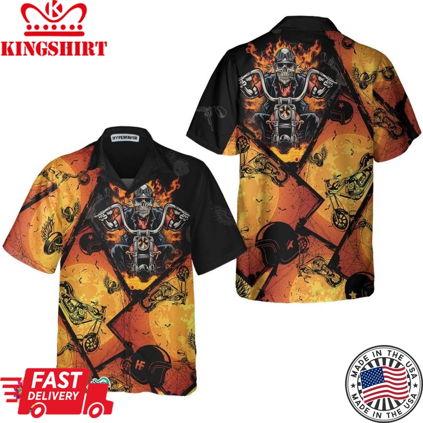 Black Orange Layout Skull Biker Motorcycle Hawaiian Shirt, Flame Skull Motorcycle Shirt, Gift For Bikers