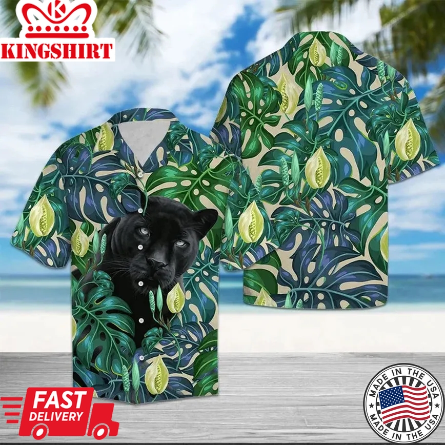 Black Panther Among Monstera Leaves Trendy Hawaiian Shirt