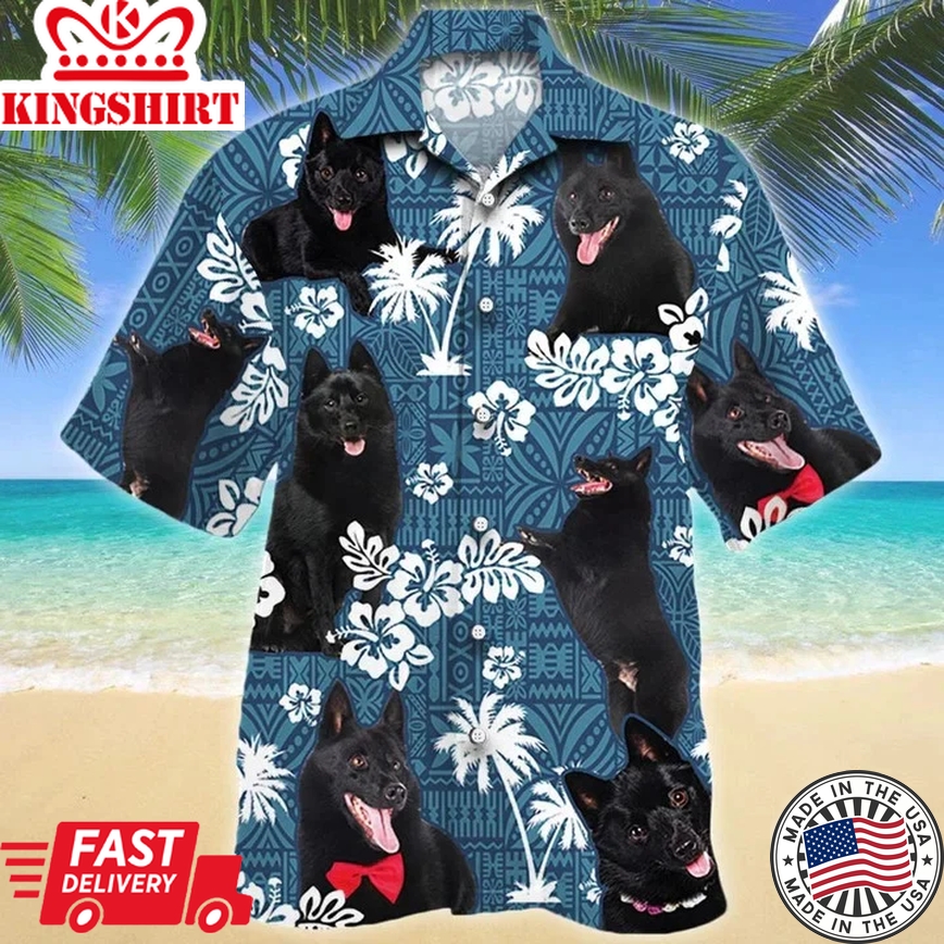 Black Schipperke Dog And Hibiscus On Blue Tribal Pattern Trendy Hawaiian Shirt