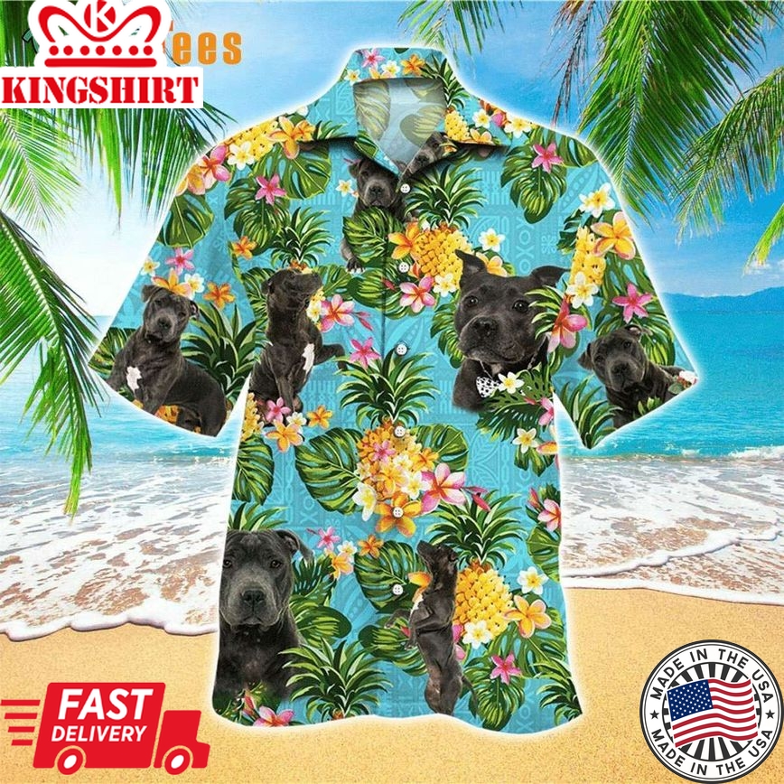 Black Staffordshire Bull Terrier Pineapple Pattern, Dog Trendy Hawaiian Shirt Perfect Gifts For Your Loved Ones