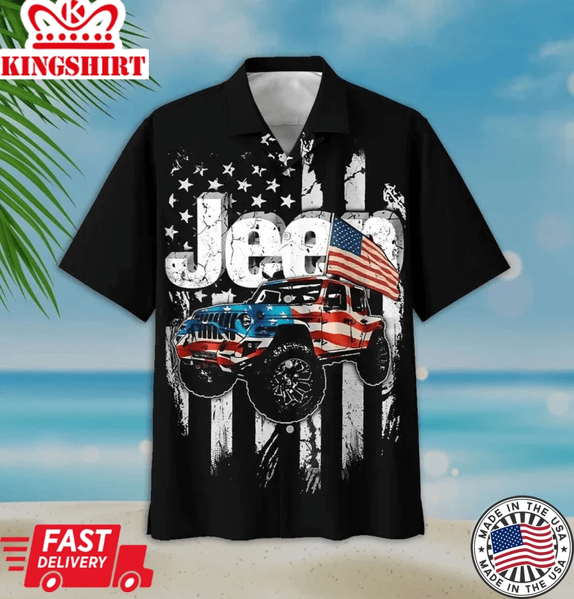 Black Theme Jeep And Flag Unique Trendy Hawaiian Shirt, Racing Car Trendy Hawaiian Shirt, Beach Summer Hawaii Shirt Family Shirt