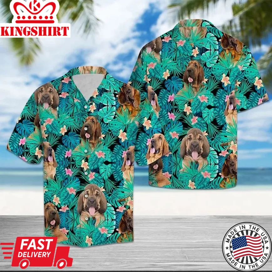 Bloodhound Among Hibiscus Flowers And Leaves Trendy Hawaiian Shirt