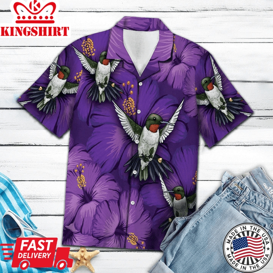 Blossom Purple Hibiscus With Hummingbird Hawaiian Shirt