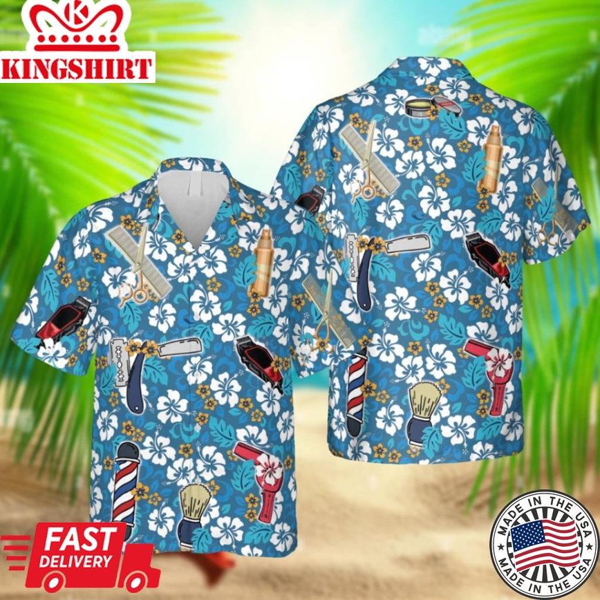 Blue Barber Hawaii Shirt, Hairdresser Summer Shirt