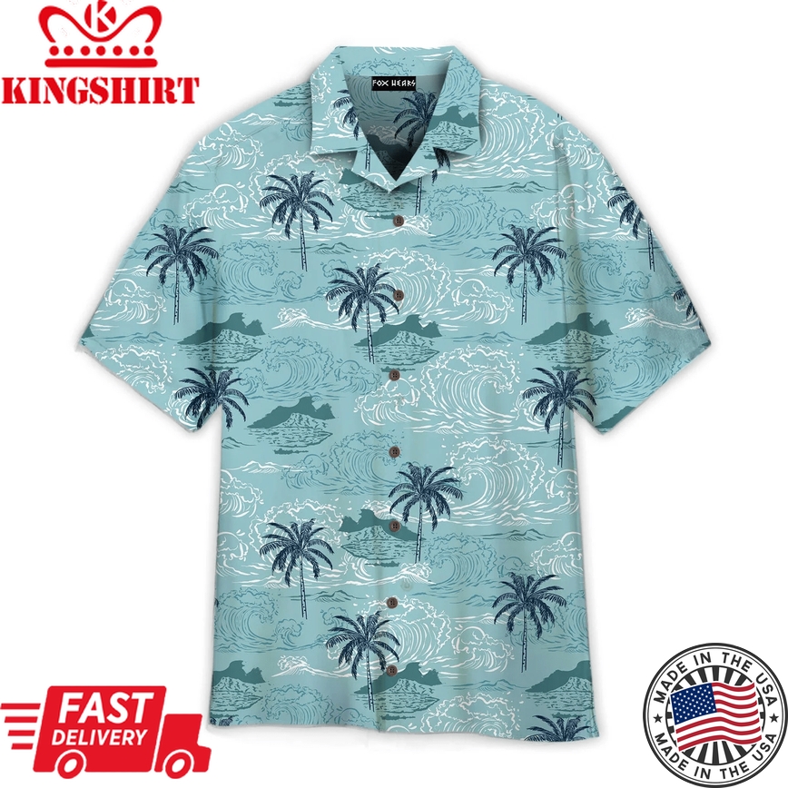 Blue Big Wave And Palm Trees Island Pattern Trendy Hawaiian Shirt