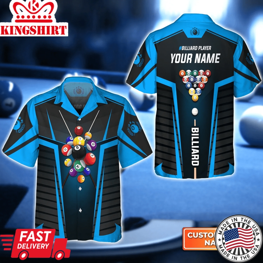 Blue Billiard Balls Personalized Name 3D Trendy Hawaiian Shirt, Billiard Team Shirt, Summer Shirt Gift For Billiard Lover