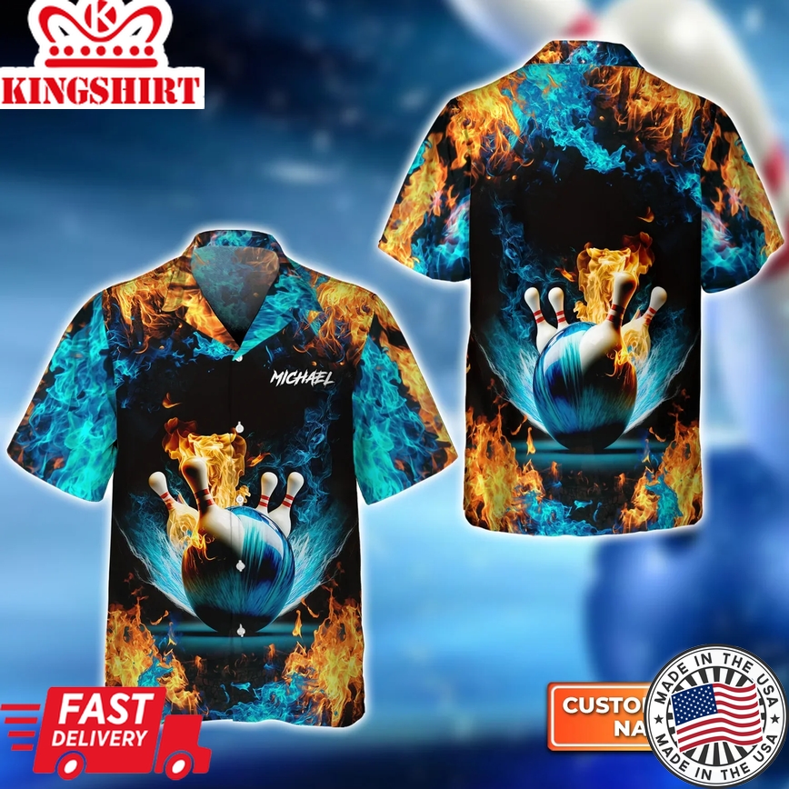 Blue Bowling Ball And Pins On Fire Trendy Hawaiian Shirt, Bowling Trendy Hawaiian Shirt For Men, Women, Bowling Team