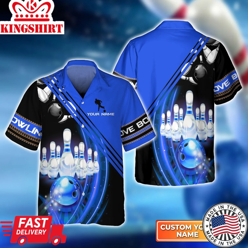 Blue Bowling Ball In Motion And The Pins Trendy Hawaiian Shirt, Bowling Trendy Hawaiian Shirt For Men, Women, Bowling Team