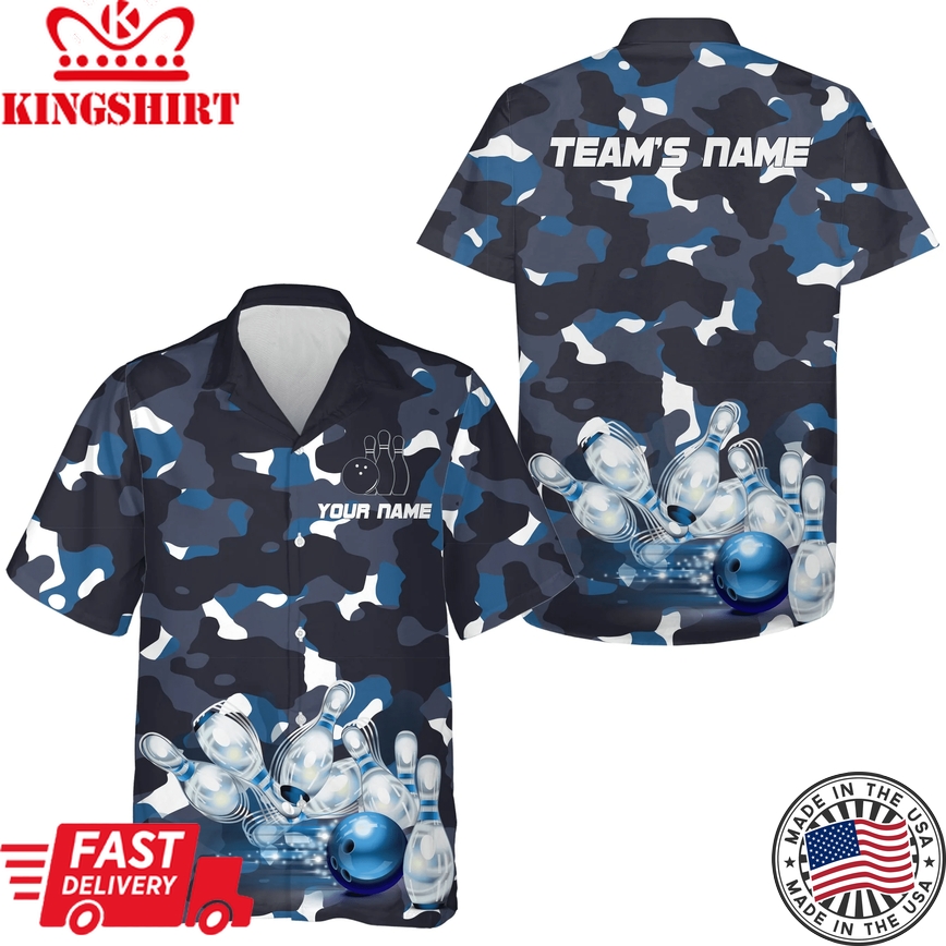 Blue Camo Hawaiian Bowling Shirt For Men Women, Custom Team Name Short Sleeve Bowlers Jersey