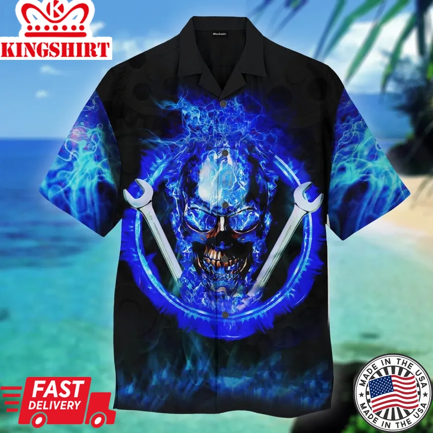 Blue Fire Skull Mechanic Trendy Hawaiian Shirt