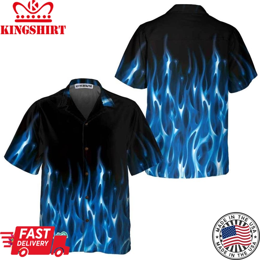 Blue Flame Hawaiian Shirt, Short Sleeve Flame Shirt For Men, Flame Print Shirt