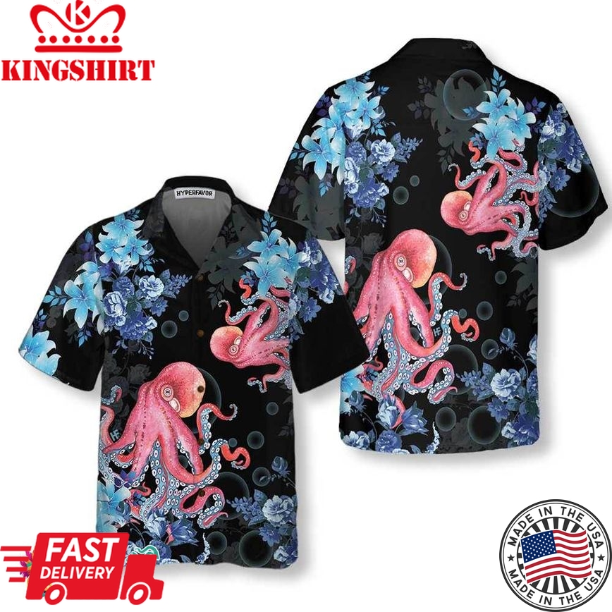 Blue Floral And Octopus Hawaiian Shirt, Short Sleeve Octopus Shirt For Men