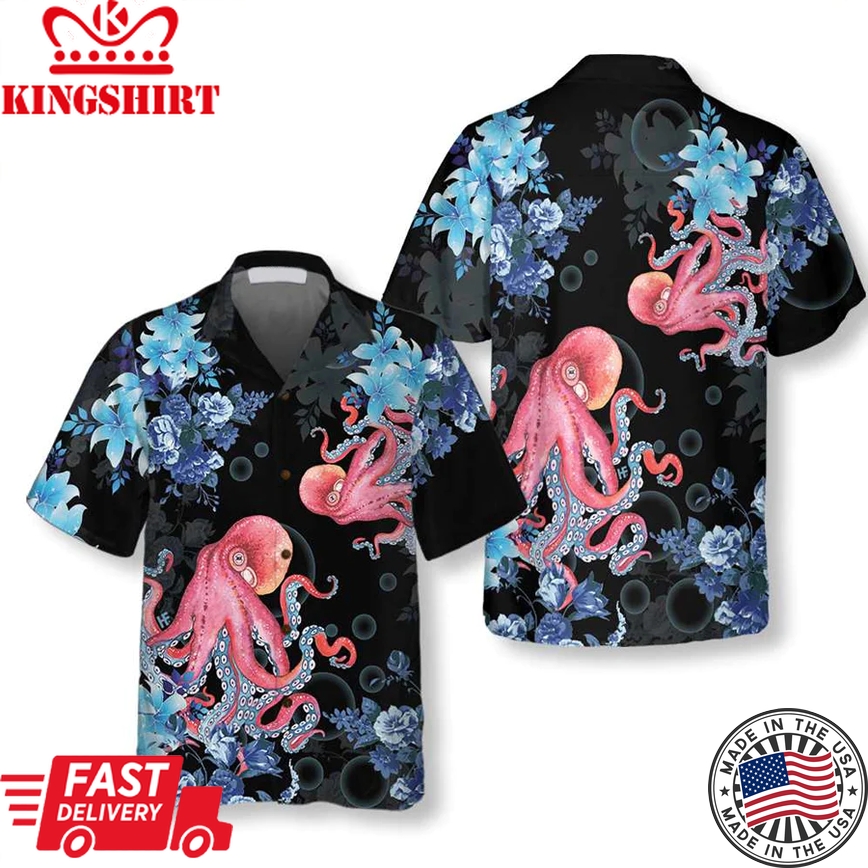 Blue Floral And Octopus Trendy Hawaiian Shirt, Short Sleeve Octopus Shirt For Men, Best Gift For Lover, Friend, Family