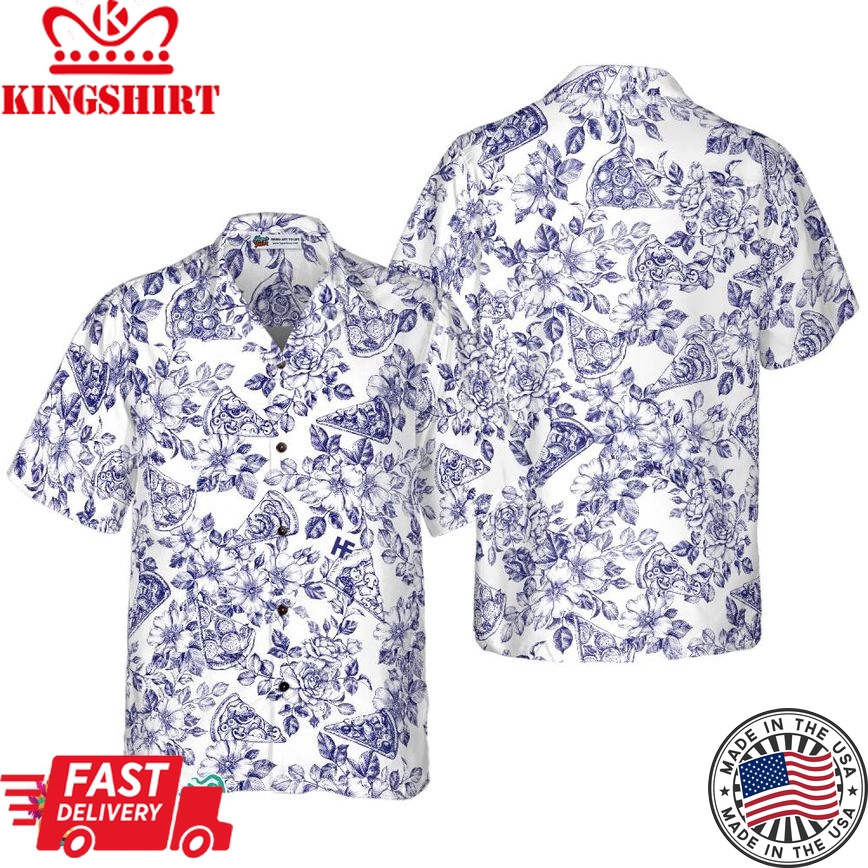 Blue Floral Pizza Pattern Shirt Hawaiian Shirt